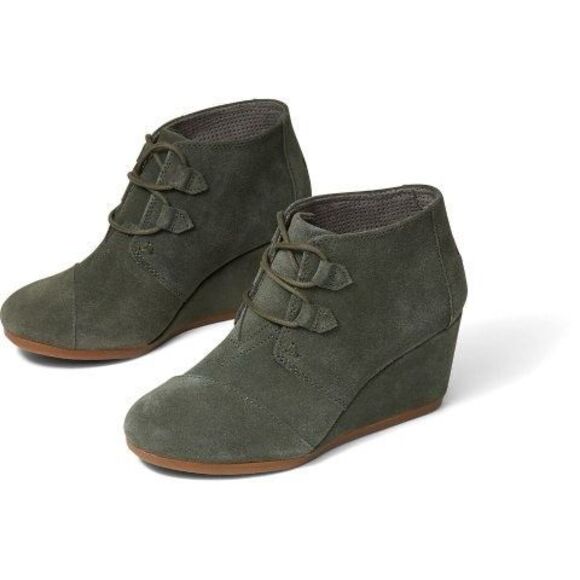 TOMS Olive Green Suede Lace up Wedge Booties Sz 10 - Picture 1 of 15
